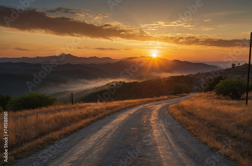 sunset in the mountains and dirt road