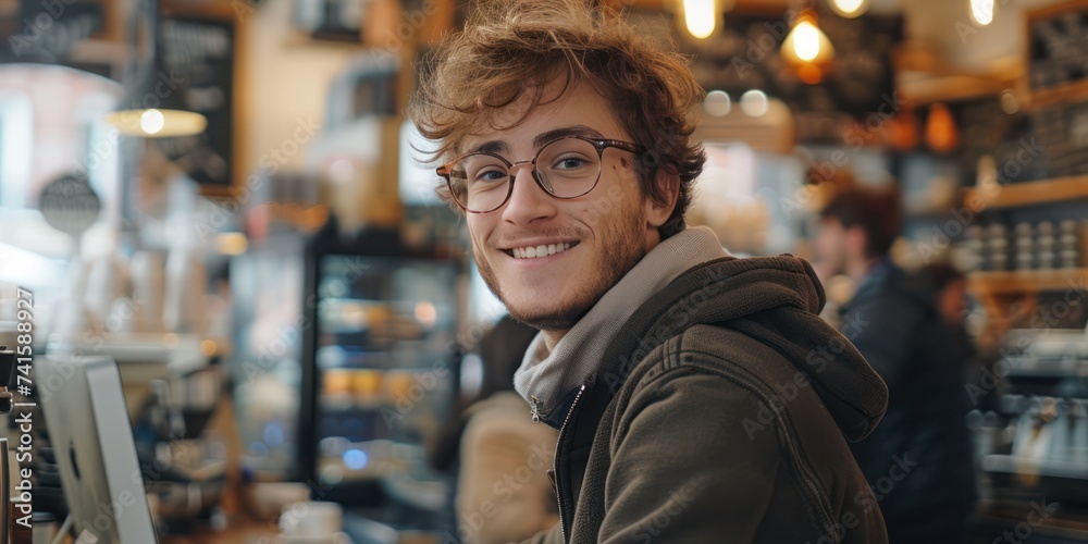 Young Male start-up entrepreneur, happy and smiling, working on a computer in the middle of a busy coffee shop with people in the background Young Male start-up entrepreneur, happy and smiling, working on a computer in the middle of a busy coffee shop with people in the background
