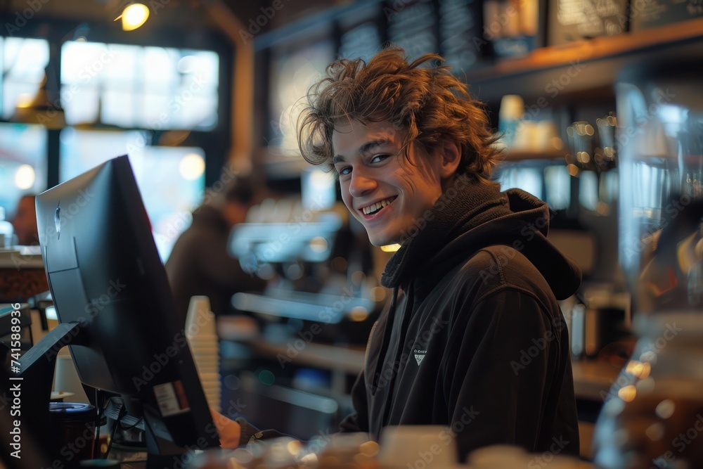 Young Male start-up entrepreneur, happy and smiling, working on a computer in the middle of a busy coffee shop with people in the background