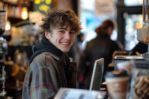 Young Male start-up entrepreneur, happy and smiling, working on a computer in the middle of a busy coffee shop with people in the background