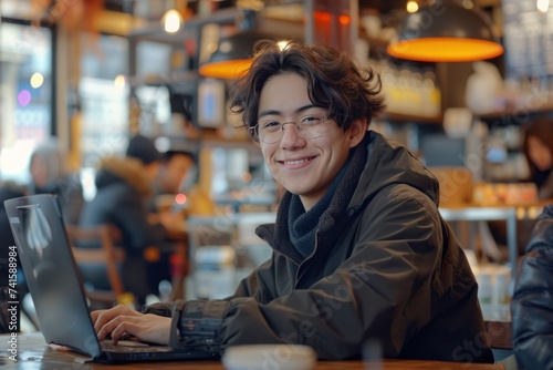 Young Male start-up entrepreneur, happy and smiling, working on a computer in the middle of a busy coffee shop with people in the background