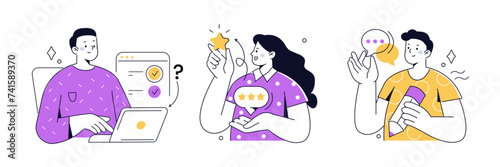 Online feedback, survey or review. Concept outline illustrations set. Characters choosing customer satisfaction rating. Vector illustration.