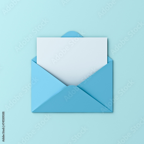 Blank white paper note card in blue envelope isolated on blue pastel color or cyan background with shadow love letter for him minimal conceptual 3D rendering photo