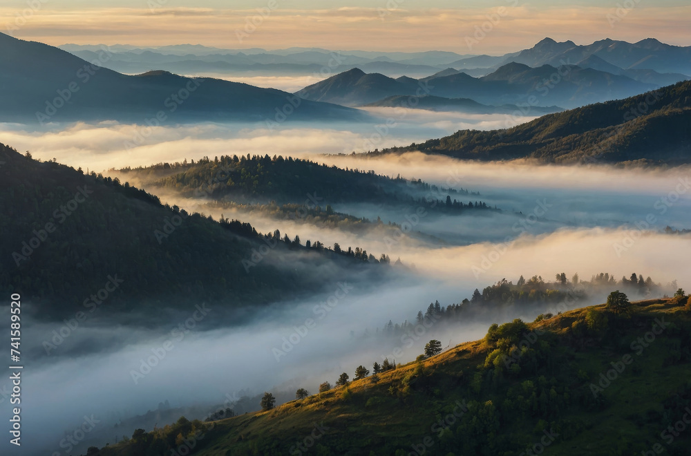 sunrise in the mountains and fog landscape