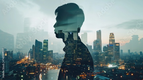 The double exposure image of the business man standing back during sunset overlay with cityscape image, The concept of modern life, business, city life and internet of things, generative ai photo