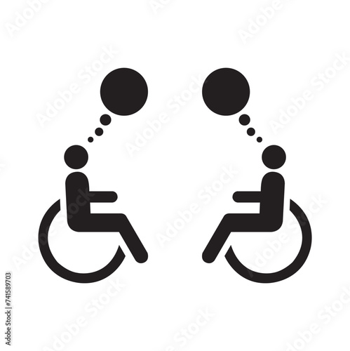 Icono de dos personas sentadas en sillas de ruedas con burbuja de chat. Vector