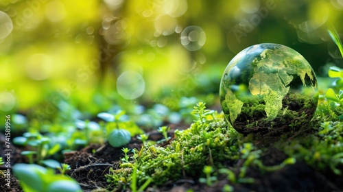 Earth Day - Environment - Green Globe In Forest With Moss And Defocused Abstract Sunlight, Saving environment, Save Earth, generative ai