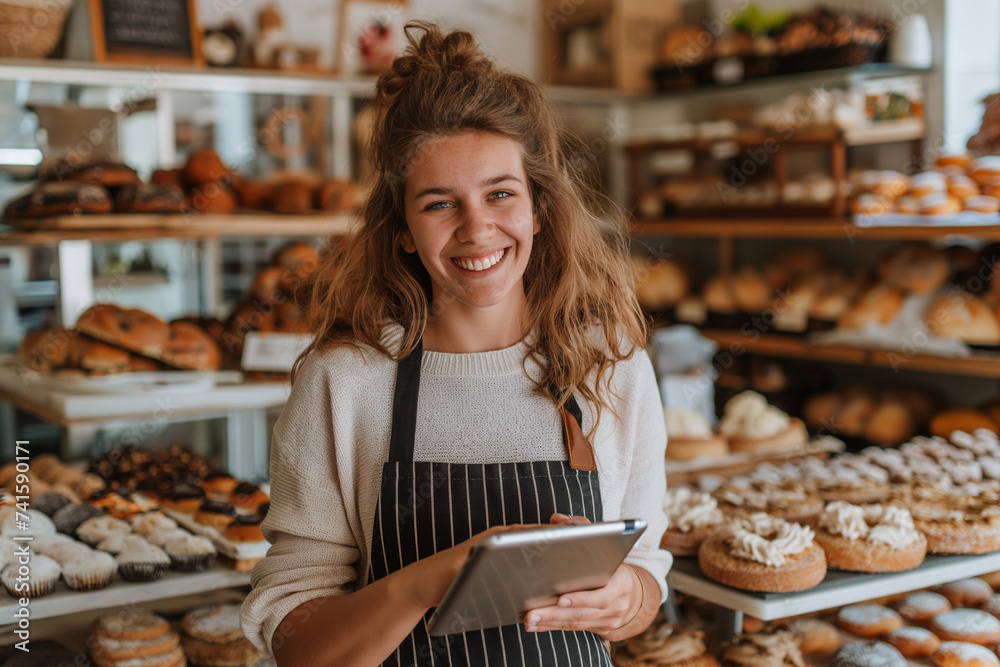 Smiling small business owner woman holding a tablet at her bakery shop small business concept