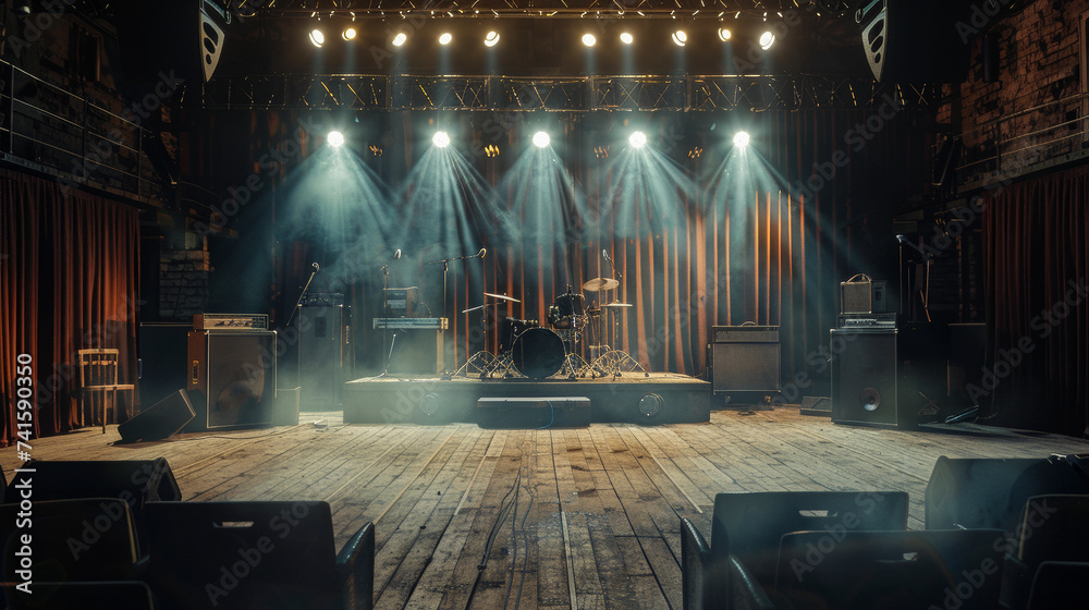 Installation shot: A studio for music rehearsals in a loft with a drum kit in the middle. Stylish interior