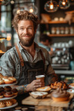 Handsome young hipster barista smiling at the camera, making coffee, standing behind the coffee shop counter. small business concept