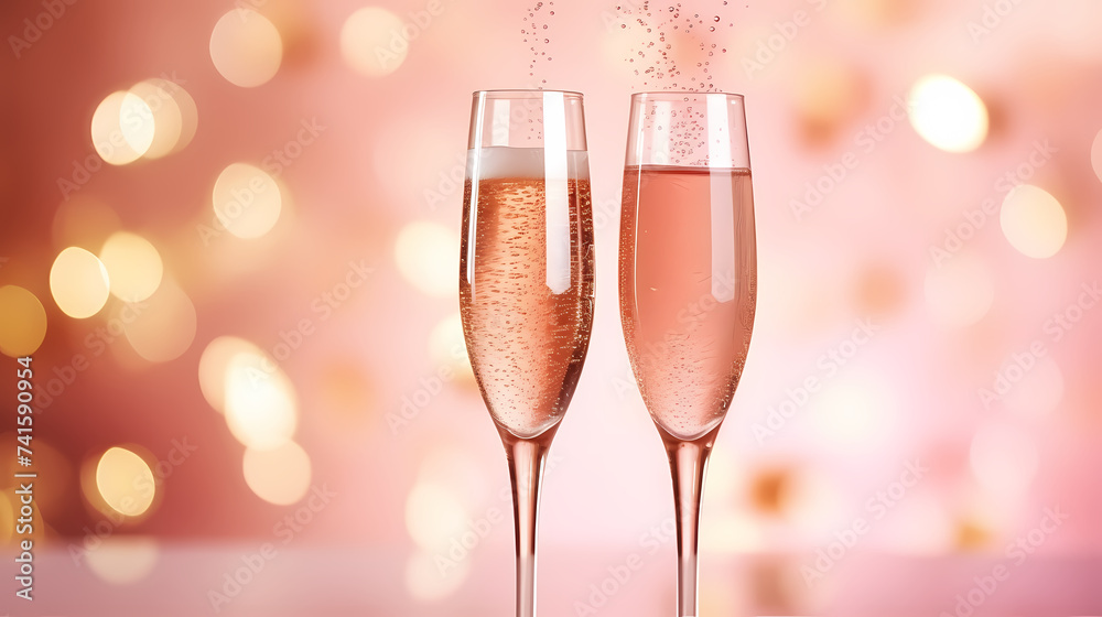 Champagne glass with bubbles standing against blurred cool bokeh background Champagne glass with bubbles standing against blurred cool bokeh background