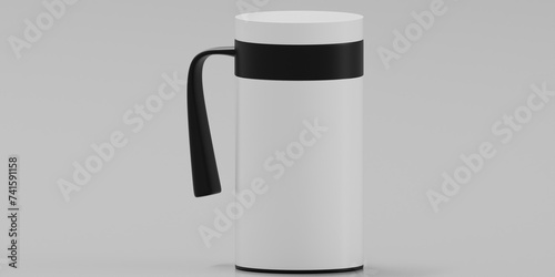 Coffee Mug mockup, Double Wall Vacuum Insulated Travel Mug with black Handle. Leak Proof Lid, Thermos. 3D Illustration. Isolated on grey background