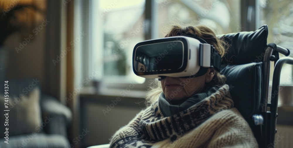 Technology and human spirit young woman resilient in face of disability sits in wheelchair world expanded beyond physical limits through lens of virtual reality donning VR headset