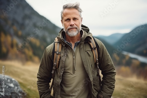 Portrait of a senior man with backpack standing in the mountains.