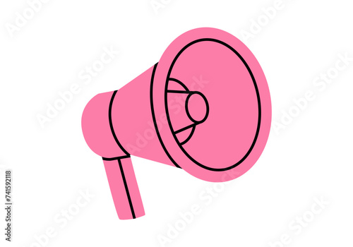 Hand drawn cute cartoon illustration of megaphone or loudspeaker. Flat vector store promotion, announcement, advertisement sticker in doodle style. News alert icon. Communication speaker. Isolated.