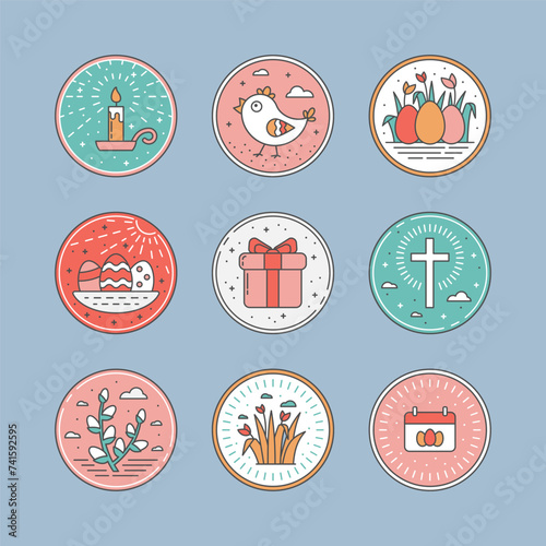 Set of linear Easter icons, cute symbols of Easter celebration with Christianity Cross and Rays, Flip Calendar, Grass with Spring Tulips, Pussy Willow with Clouds and Line Art Dots and Crosses