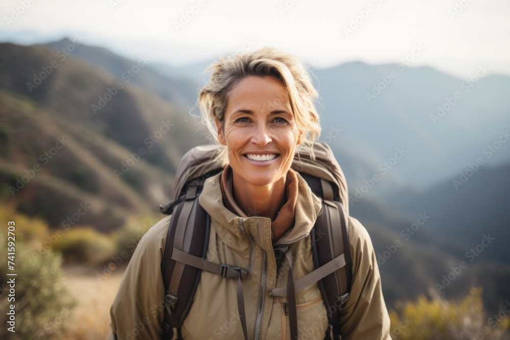 Portrait of smiling woman hiker looking at camera on mountain top