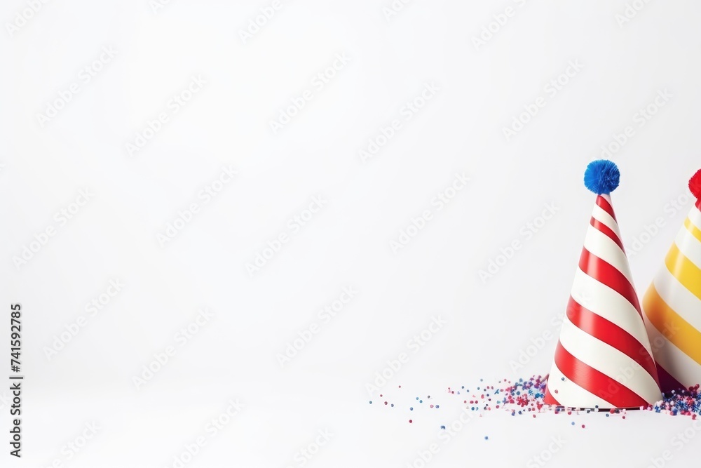 Two striped birthday hats adorned with pom-poms and surrounded by colorful confetti against a white background. Festive Striped Birthday Hats with Confetti Two striped birthday hats adorned with pom-poms and surrounded by colorful confetti against a white background. Festive Striped Birthday Hats with Confetti