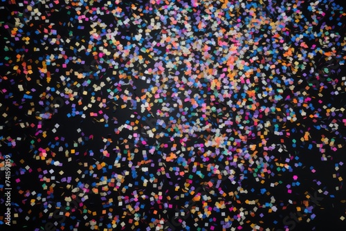 Vivid confetti pieces create a dynamic cascade on a black backdrop, ideal for celebrations. Colorful Confetti Cascade in Black Space