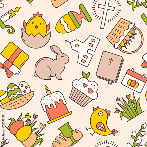 Seamless Pattern of Linear Easter Icons and Spring Holiday Elements. American Church, Easter Cake Kulich, Bunny, Colored Eggs, Christianity Bible, Flip Calendar, Cupcake, Baby Chicken and Eggshell