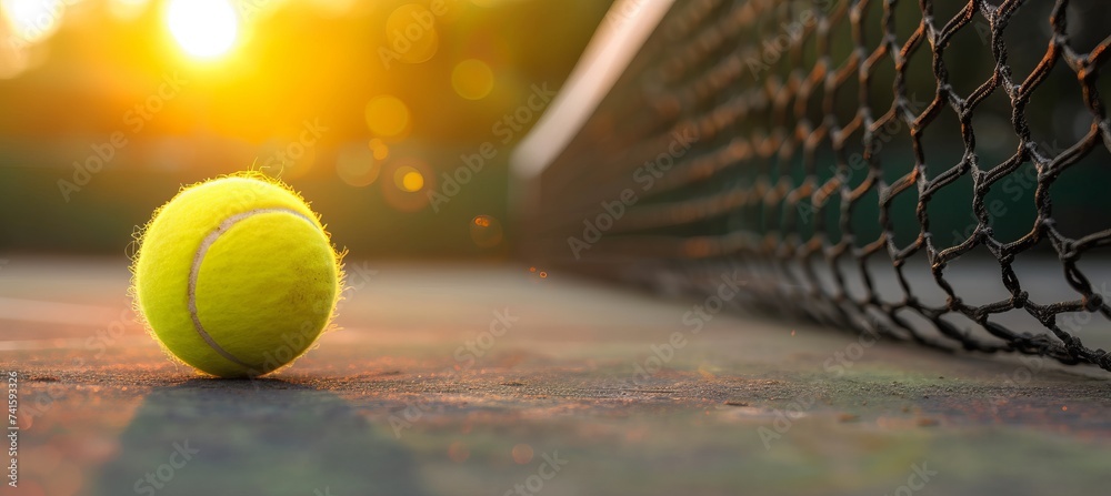 Vibrant yellow tennis ball soaring into tennis net on dark background with copy space