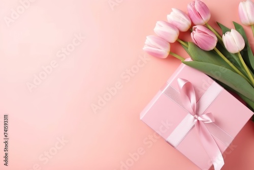 Delicate pink tulips arranged with a satin ribbon gift box on a soft pink backdrop. Pink Tulips and Gift Box on Pastel Background