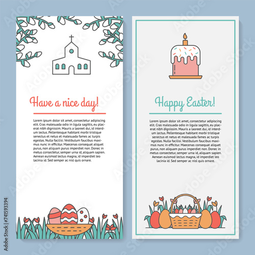 Set of Easter Elements for Templates of Banner, Mail Letterhead, Newsletter, Layout, Web Design with Copyspace. Pussy Willow, American Church, Eggs with Patterns, Easter Cake Kulich, Basket with Grass