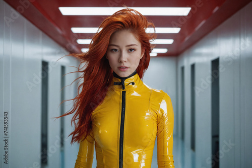 Strong real BDSM adult asian mistress wearing fetish latex rubber catsuit and poses in deep yellow erotic in light blue gray futuristic interior. Generative Ai photo
