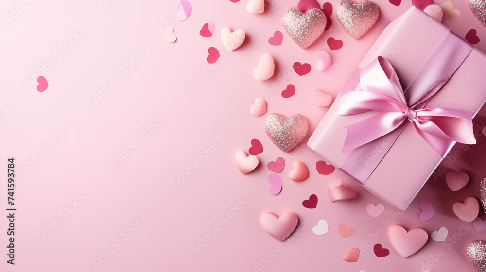 Pink gift box wrapped ribbon bow with hearts and confetti on pastel pink background. St Valentines Day holiday concept. Pink gift box wrapped ribbon bow with hearts and confetti on pastel pink background. St Valentines Day holiday concept.