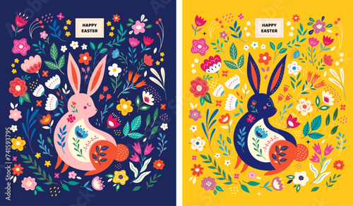Colorful collection with easter rabbits. Happy easter greeting cards with decorative easter bunny. Notebook covers