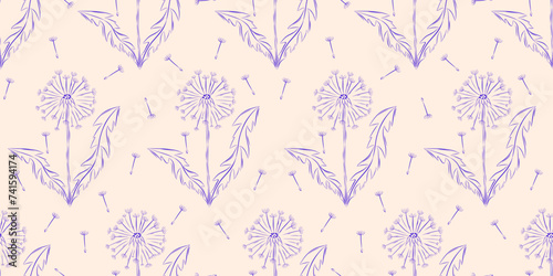 Seamless pattern with dandelions. Summer background. Packaging design, textiles in retro rustic style. Vector illustration