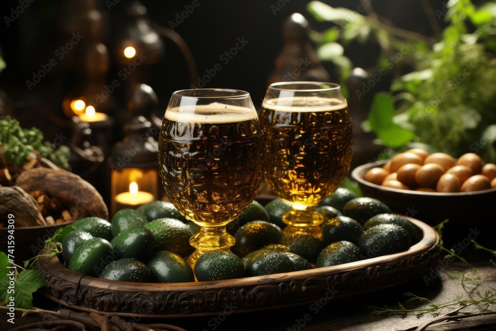 Bright room with sunlight, vibrant easter eggs, and holiday themed green beer on a table