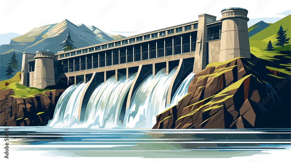 Abstract hydroelectric dam producing green energy. simple Vector art - obrazy, fototapety, plakaty 