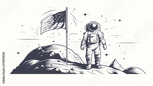 Abstract astronaut with a vintage flag on an alien planet. simple Vector art