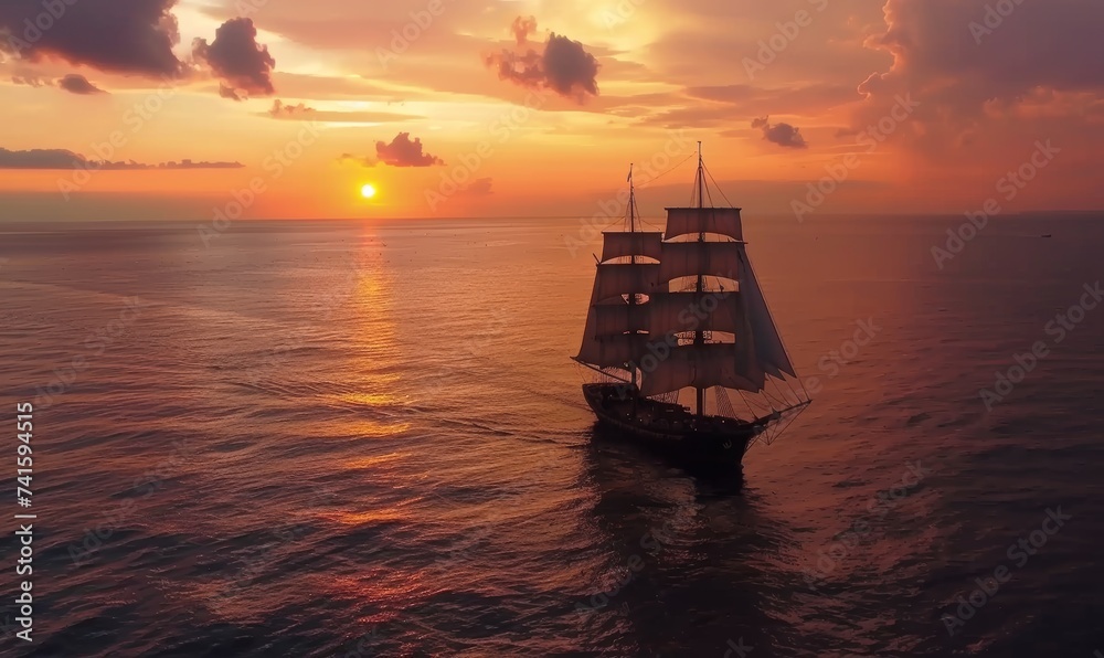 Sailing ship goes to the open sea in the evening. The sun shines over a sailing ship in the ocean bay. Boat trip through beautiful seascapes.