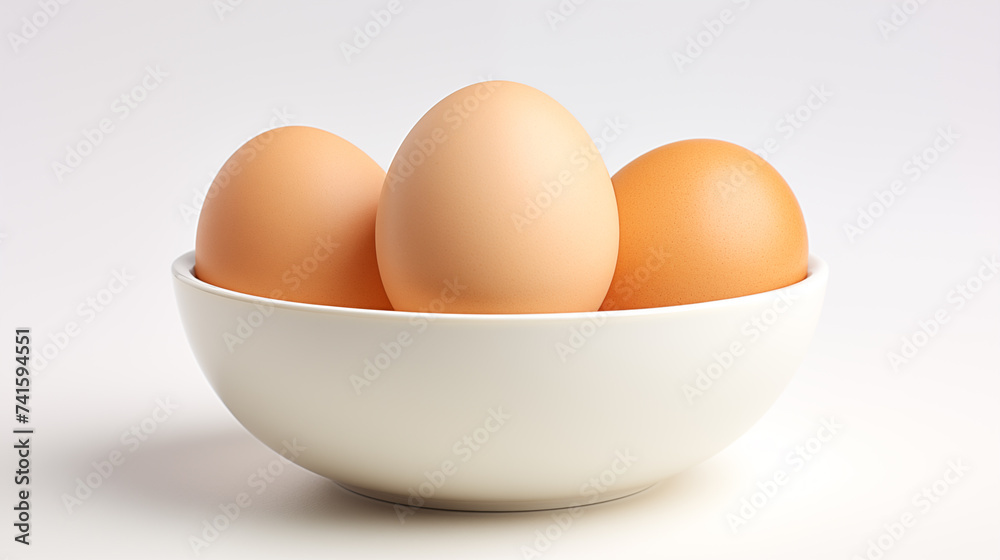 Three eggs are placed in a white bowl on white background. Three eggs are placed in a white bowl on white background.