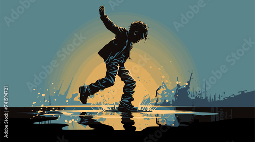Abstract child jumping in puddles after rain. simple Vector art