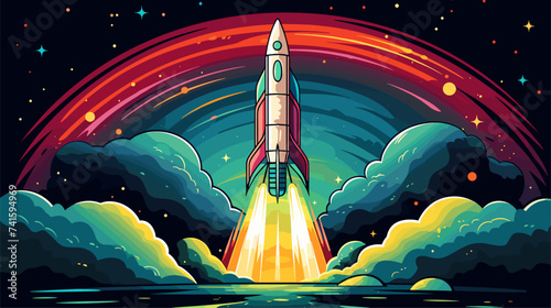Abstract retro rocketship exploring a colorful nebula. simple Vector art