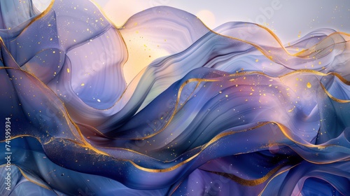 alcohol ink masterpiece presents a luxurious abstract fluid art painting, characterized by transparent waves and golden swirls, making it an ideal choice for posters, banners, packaging
