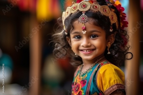 indian little girl in traditional clothing and headband smiling at camera