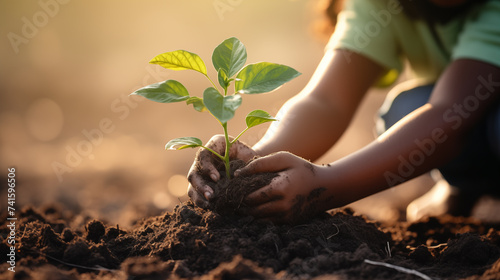 Close up of child hands planting young tree.