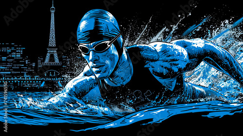 imple line art minimalist collage illustration with professional athlete performing speed swimming in the pool and Eiffel Tower in the background, olympic games, wide lens photo