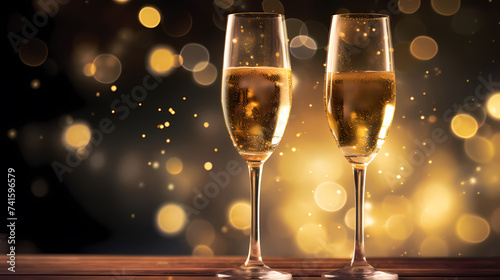 Champagne glass with bubbles standing against blurred cool bokeh background