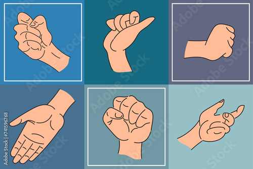 Six hand gestures. Fist, palm, pointing gesture, clenched palm and others. Signs, symbols, emblems, icons. Vector set