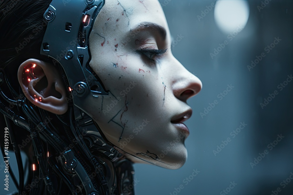 Sci fi female ai robot. Close-up portrait of a female robot with blood on her face. futuristic ai robot. beautiful ai robot girl. Sci fi female ai robot. Close-up portrait of a female robot with blood on her face. futuristic ai robot. beautiful ai robot girl.