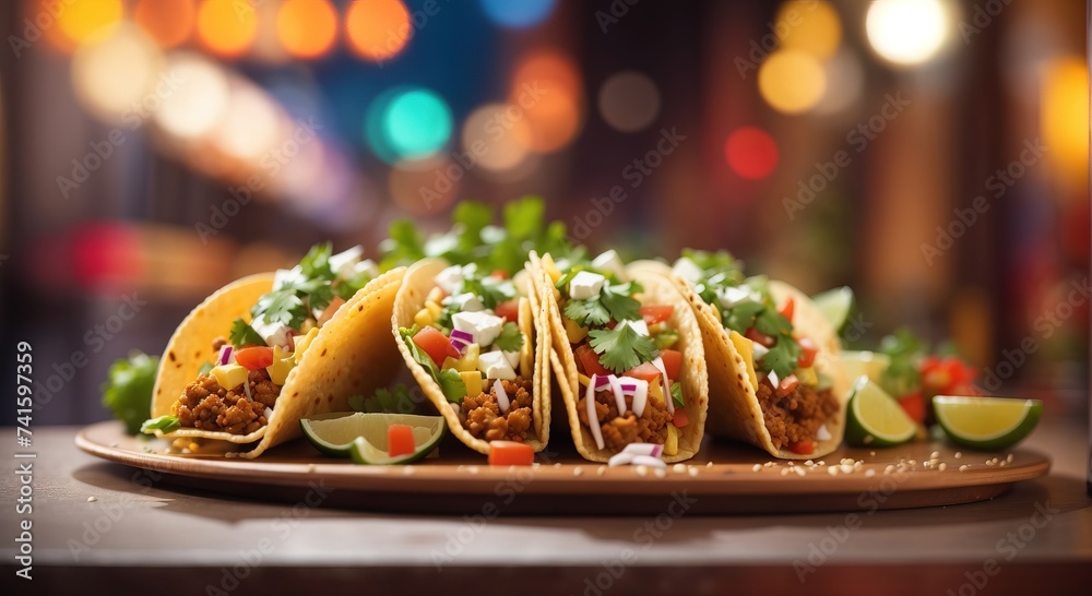 Tacos, street fast food, mexican cuisine popular dish - obrazy, fototapety, plakaty 