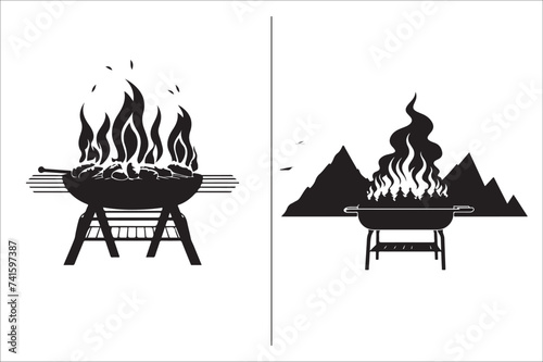 Barbecue grill Silhouette vector icon design and Grill bbq vector icon set illustration. BBQ silhouette vector on White background.