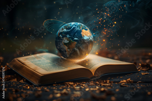The illustration captures the awe-inspiring concept of Earth suspended in mid-air above an open book, symbolizing the profound connection between knowledge and the world we inhabit.
 photo