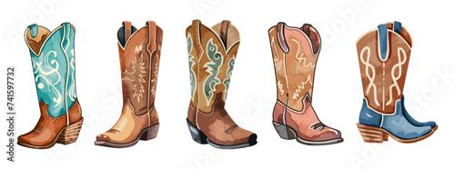 Set of western cowboy boots. Stylish decorative pairs of cowgirl boots embroidered with traditional american symbols. Watercolor hand drawn vector illustrations isolated on transparent background.	 photo