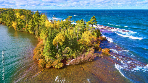 Fototapeta Naklejka Na Ścianę i Meble -  Aerial Autumn Forest Peninsula and Lake Superior Shore